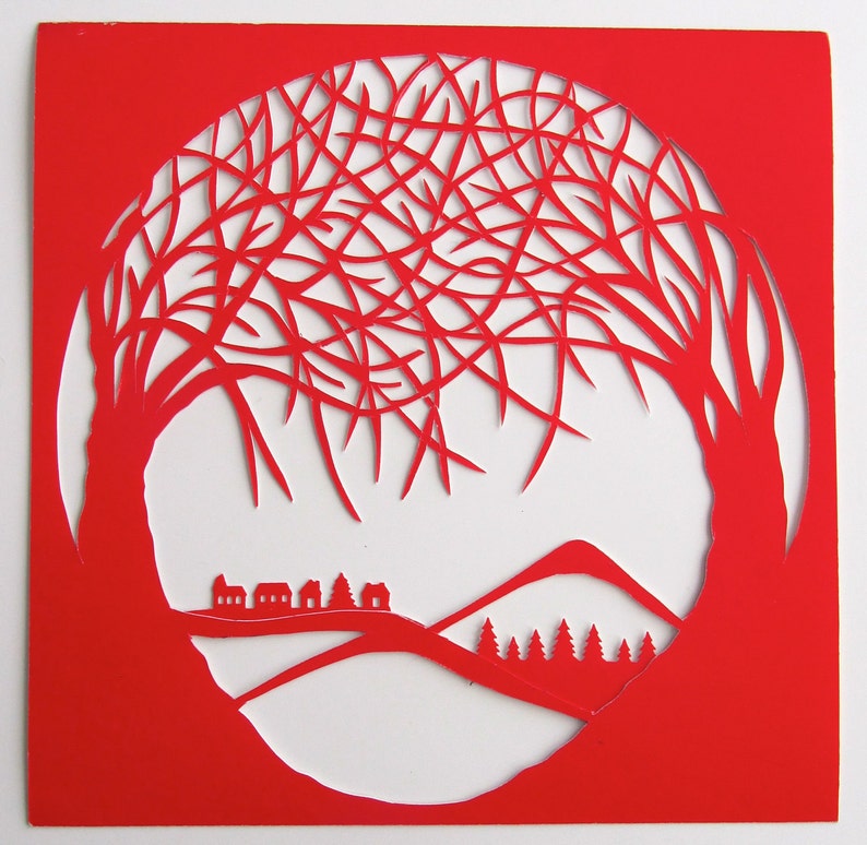 VALENTINES DAY Gift 2 Trees Of Life RED Silhouette Paper Cut Wall and Home Décor, Original Design SIGNeD Symbolic Art, Hand Cut OoAK image 2