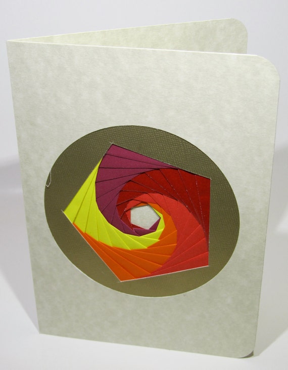 Carte De Voeux Wspectacular Pentagon Handmade Iris Folding In Yellow Orange Red Shimmery Red And Burgundy On Gold Ooak