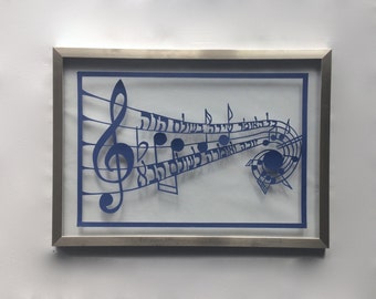 MUSIC Notes w/Biblical Phrase CUSTOM ORDER GiFT for 70th Birthday Blue Paper Cut ORIGINaL Design Wall Décor Handmade SIGNeD Framed OOaK