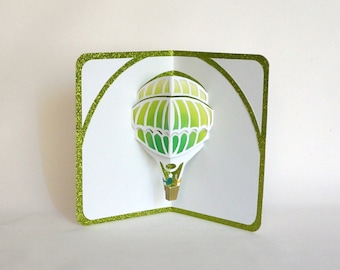 HOT AIR BALLOON 3D Pop Up Greeting Card Home Décor Cut by Hand in White on Shimmery Metallic Neon Green with Yellow and Green Shades OOaK