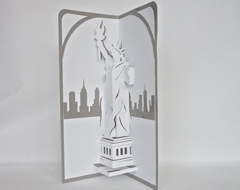 STATUE of LIBERTY & NY Skyline 3d Pop Up NATURALIZATiON Wishes Card Home Decor Hand Cut in White, Shimmery Metallic Silver Folds Flat OOaK