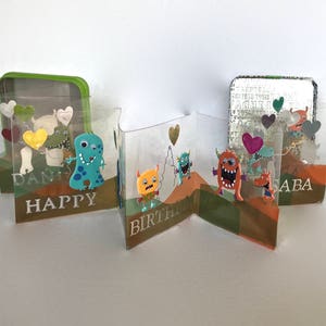 BIRTHDAY GREETING CARD ORIGiNAL Accordion DESiGN Made of Vinyl Acetate in TiN BoX CUSToM ORDeR Handmade w/Colorful Creatures One of a Kind image 6