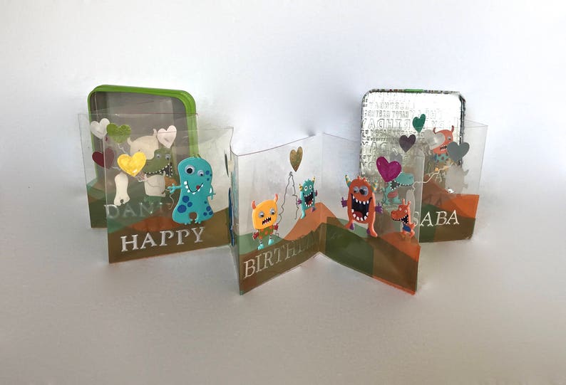 BIRTHDAY GREETING CARD ORIGiNAL Accordion DESiGN Made of Vinyl Acetate in TiN BoX CUSToM ORDeR Handmade w/Colorful Creatures One of a Kind image 6