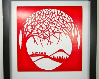 VALENTINE’S DAY Gift 2 Trees Of Life RED Silhouette Paper Cut Wall and Home Décor, Original Design - SIGNeD Symbolic Art, Hand Cut OoAK