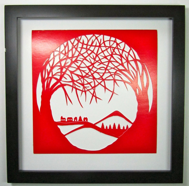 VALENTINES DAY Gift 2 Trees Of Life RED Silhouette Paper Cut Wall and Home Décor, Original Design SIGNeD Symbolic Art, Hand Cut OoAK image 1