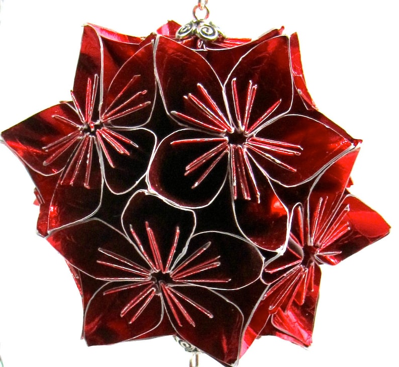 VALENTINE'S GiFT ORNAMENT Decoration Handmade Modular Origami Kusudama Home Décor in Bright Red Paper, on Ornament Stand One Of A Kind image 5