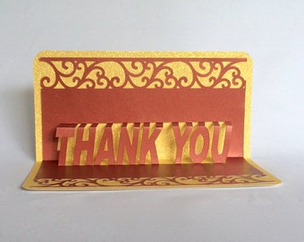 THANK YOU 3D Pop Up Greeting Appreciation Card in Metallic Copper & Shimmery Yellow Home Décor Handmade Original Design One Of A Kind