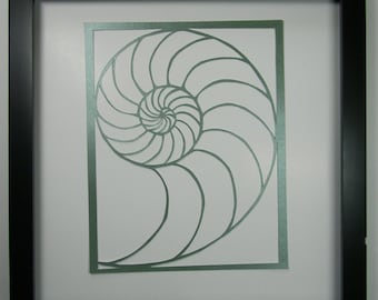 NAUTILUS Shell Silhouette Paper Cutout in Shimmery Light Green Symbolic Wall Art Home Décor ORIGINAL Design SIGNED Hand Cut Framed OOaK