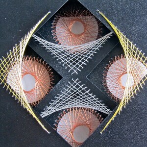 STRING ART ORIGINAL Geometric DESiGN, 3 Layers Stitched on Cardstock w/Gold Silver & Copper Framed in a Shadowbox. One of a Kind image 5