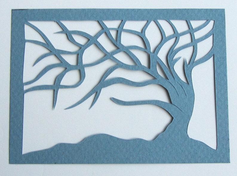 ACEO Tree Of Life Blue Silhouette Cutout Original Design Elegant Hand-cut When Floating in a Frame and Turned Into Wall Art OOAK Signed image 1