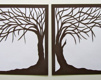 TREES OF LIFE Wedding & Anniversary Gift ORiGINAL Silhouette Paper Hand Cut in Brown Over White FRAMeD, Signed Wall Art Home Décor OOaK