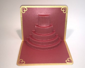 50th ANNIVERSARY Or BIRTHDAY Cake 3D Pop Up Greeting Card Handmade In Plum Red & Metallic Shimmery Gold Home Décor  Handmade OOaK