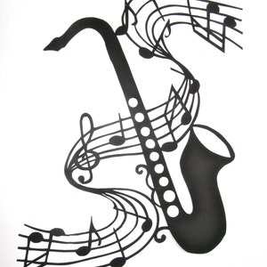 Saxophone and Music Notes GRADUATION Gift Black Silhouette Paper Cut 4 Music Lovers Wall and Home Décor Handmade Framed One Of A Kind image 2