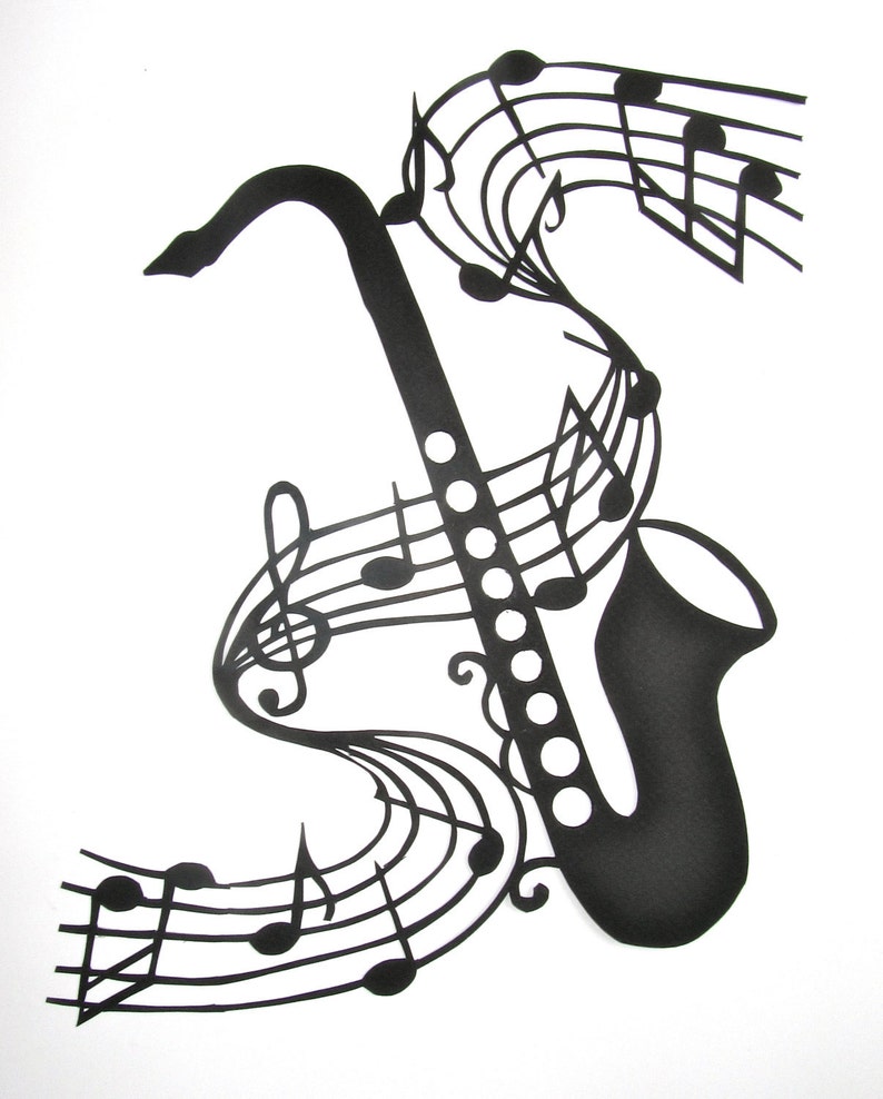 Saxophone and Music Notes GRADUATION Gift Black Silhouette Paper Cut 4 Music Lovers Wall and Home Décor Handmade Framed One Of A Kind image 2