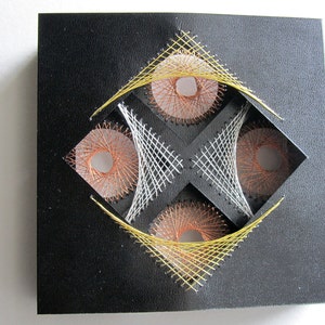 STRING ART ORIGINAL Geometric DESiGN, 3 Layers Stitched on Cardstock w/Gold Silver & Copper Framed in a Shadowbox. One of a Kind image 3