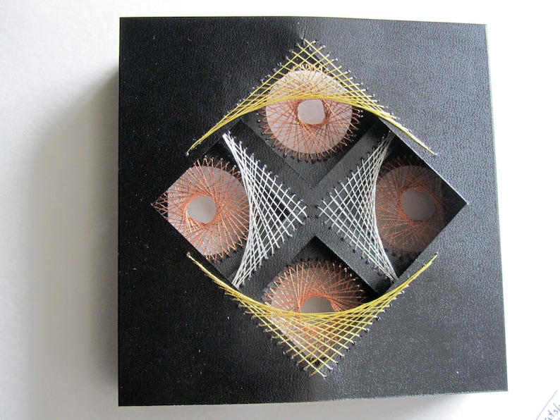 STRING ART ORIGINAL Geometric DESiGN, 3 Layers Stitched on Cardstock w/Gold Silver & Copper Framed in a Shadowbox. One of a Kind image 3