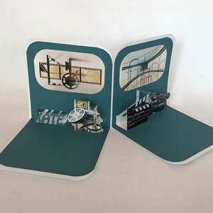 FILM COLLEGE GRADUATE CONGRATULATIONs GREETiNG CaRD 3D Pop Up Opens to a Standing 90 Degree Double Sided in Teal & White. CUSToM ORDeR OOaK image 6