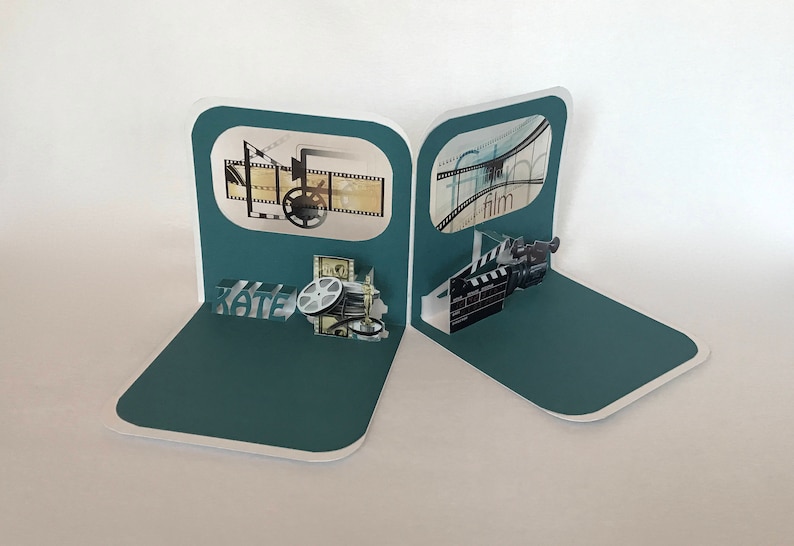 FILM COLLEGE GRADUATE CONGRATULATIONs GREETiNG CaRD 3D Pop Up Opens to a Standing 90 Degree Double Sided in Teal & White. CUSToM ORDeR OOaK image 6