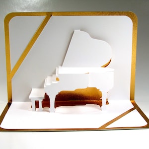 GRAND PIANO 3D Pop Up CARD for music lovers Home Decoration Handmade Handcut in White and Bright Shimmery Gold One Of A Kind