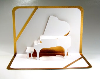 GRAND PIANO 3D Pop Up CARD Origamic Architecture Home Decoration Handmade Handcut in White and Bright Shimmery Gold One Of A Kind