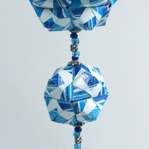 FATHER'S DAY shops GIFT 3d Modular Origami Handmade Ornament With Four Geometric Modules in Blue white silver on Metal Ornament Stand OOaK