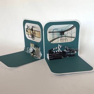 FILM COLLEGE GRADUATE CONGRATULATIONs GREETiNG CaRD 3D Pop Up Opens to a Standing 90 Degree Double Sided in Teal & White. CUSToM ORDeR OOaK image 7