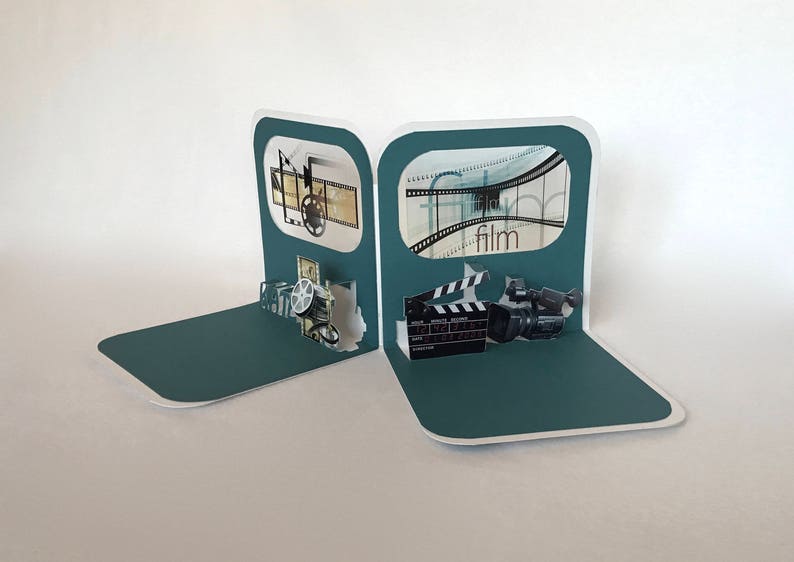 FILM COLLEGE GRADUATE CONGRATULATIONs GREETiNG CaRD 3D Pop Up Opens to a Standing 90 Degree Double Sided in Teal & White. CUSToM ORDeR OOaK image 7