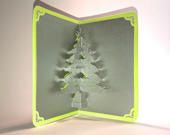 CHRISTMAS TREE 3D Pop Up Greeting Card Home Décor Handmade Origamic Architecture in Metallic Silver Grey and Shimmery Bright Green.