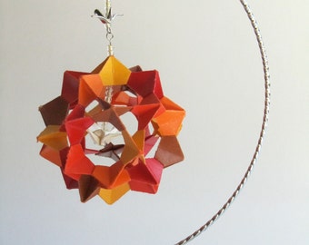 VALENTINE'S Day GIFT 3d Modular Origami Decoration Handmade in Yellow Orange Red With Metallic White Paper Crane on Ornament Stand OOaK