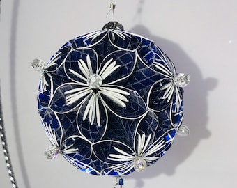 ORNAMENT STAR Kusudama Modular Origami HANDMADE w/Metallic Blue & Silver Paper, Displayed on Silver Tone Metal Ornament Stand