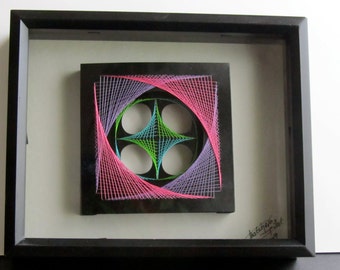 WALL ART Home Décor Geometric Original Design of String Art Handmade With Neon Fluorescent Pink, Purple, Turquoise and Green Threads OOAK