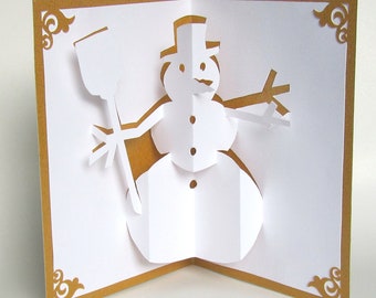 SNOWMAN 3D Pop Up Greeting Card Home Décor Handmade Cut by Hand Origamic Architecture in White and Metallic Shimmery GOLD.