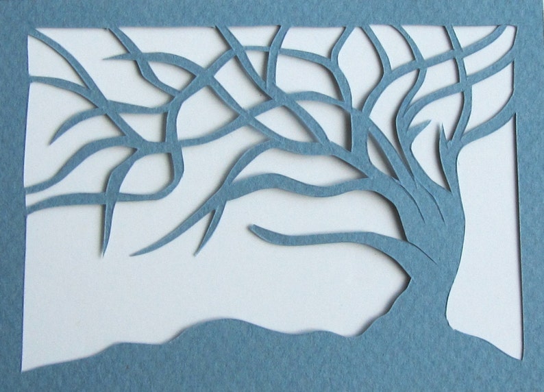 ACEO Tree Of Life Blue Silhouette Cutout Original Design Elegant Hand-cut When Floating in a Frame and Turned Into Wall Art OOAK Signed image 3