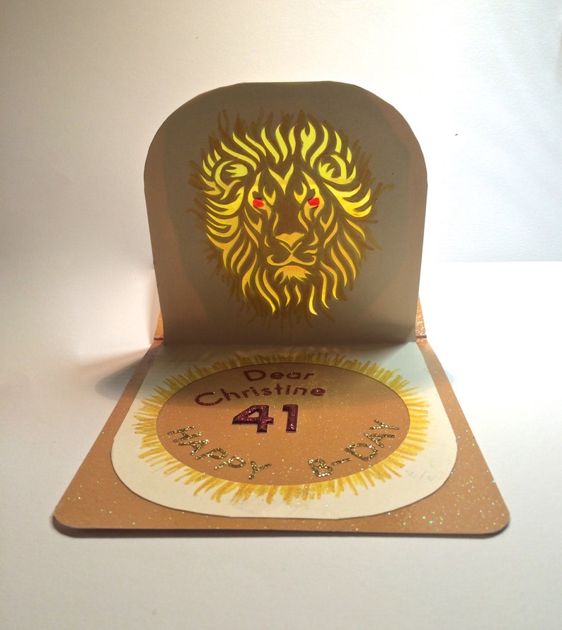 LEO Happy Birthday Card 3D Silhouette Paper Cutout ORIGINAL Design Opens Flat Handmade Personalized Custom Order in Copper Beige Yellow OOaK Bild 1