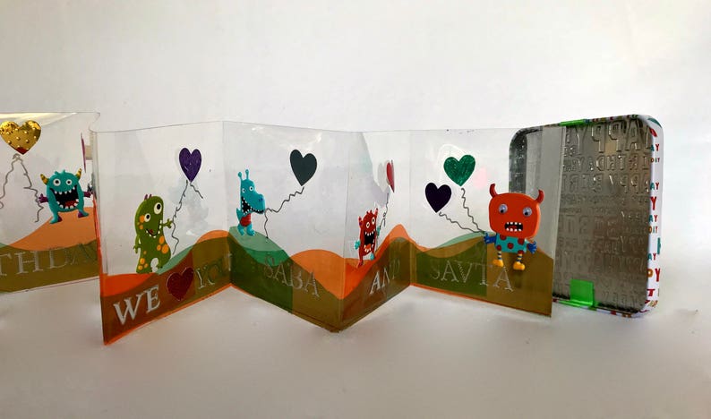 BIRTHDAY GREETING CARD ORIGiNAL Accordion DESiGN Made of Vinyl Acetate in TiN BoX CUSToM ORDeR Handmade w/Colorful Creatures One of a Kind image 7