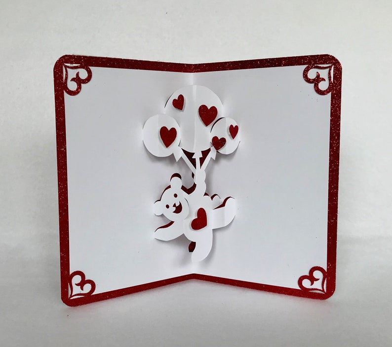 Pop Up VALENTINES Day Card I LOVE You BEARY Much Handmade Hand-cut in White and Metallic Red . One Of A Kind image 3