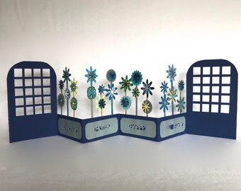 HAPPY BIRTHDAY Greeting CARd ORIGINAL Design Accordion Book Card CUSToM ORDeR HANDMADe w/Flowers in Navy Blue, Turquoise, One Of A Kind