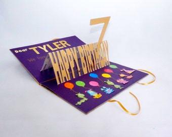 HAPPY 7th BIRTHDAY Card w/Pop Up 3D Letters & 7 Opens Flat ORIGINAL Handmade Made in Gold Purple Rainbow, Personalized Custom Order OOaK