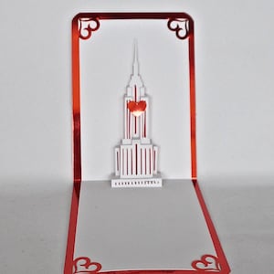 VALENTINE’S EMPIRE STATE Building Pop Up 3d Card Home Decoration Origamic Architecture Hand Cut in White and Metallic Shimmery Red OOaK