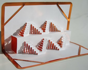 STAIRS in Geometric Symmetry ORIGINAL 3D Pop Up Paper Sculpture Origamic Architecture in White and Metallic Shimmery Copper.  Signed. OOaK