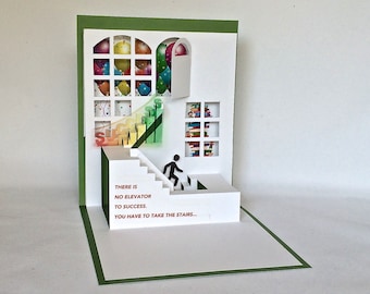 CLIMBING the STAIRS to SUCCESS 3D Pop Up Greeting Card Home Decor in White and Green w/Rainbow Colors One of a Kind SoLD & can be recreated.