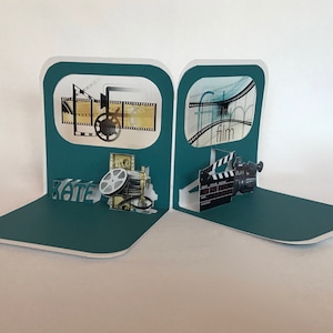 FILM COLLEGE GRADUATE CONGRATULATIONs GREETiNG CaRD 3D Pop Up Opens to a Standing 90 Degree Double Sided in Teal & White. CUSToM ORDeR OOaK image 2