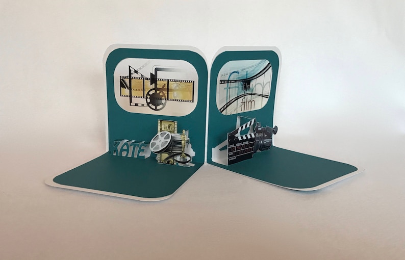 FILM COLLEGE GRADUATE CONGRATULATIONs GREETiNG CaRD 3D Pop Up Opens to a Standing 90 Degree Double Sided in Teal & White. CUSToM ORDeR OOaK image 2