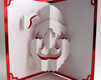 Santa Claus Christmas Pop Up Card Home Décor 3D Handmade Cut by Hand Origamic Architecture in Metallic Bright Red and White.