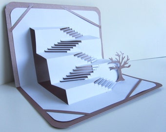 STAIRS 2 SUCCESS Greeting Card 3D Pop Up Home Decor Origamic Architecture of Intricate Cuts in White and Metallic Mauve Antique Rose OOaK