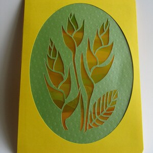 Bird of Paradise GREETING Card w/SILHOUETTE Cutout Original Design Home Décor Handmade Cut Out in Bright Yellow and Green One Of A Kind immagine 5