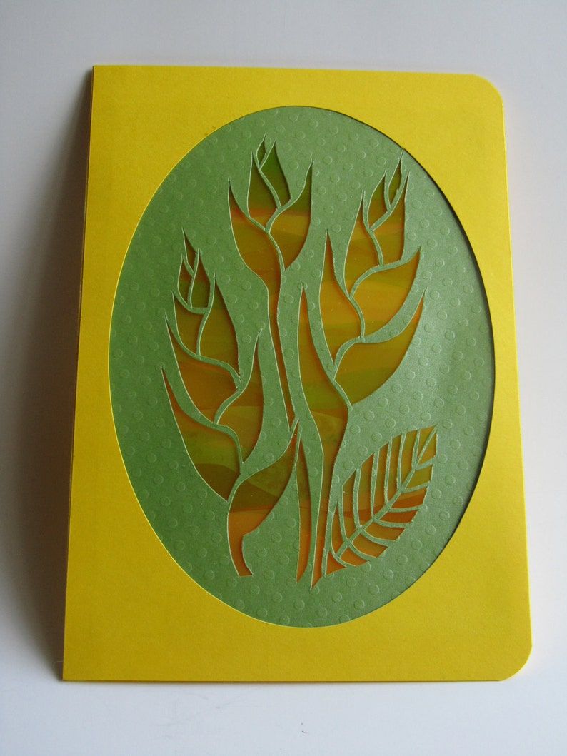 Bird of Paradise GREETING Card w/SILHOUETTE Cutout Original Design Home Décor Handmade Cut Out in Bright Yellow and Green One Of A Kind immagine 5