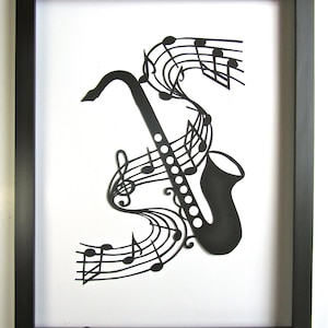 Saxophone and Music Notes GRADUATION Gift Black Silhouette Paper Cut 4 Music Lovers Wall and Home Décor Handmade Framed One Of A Kind image 1