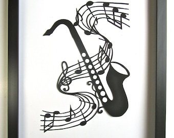 Saxophone and Music Notes  - GRADUATION Gift Black Silhouette Paper Cut 4 Music Lovers Wall and Home Décor Handmade Framed One Of A Kind