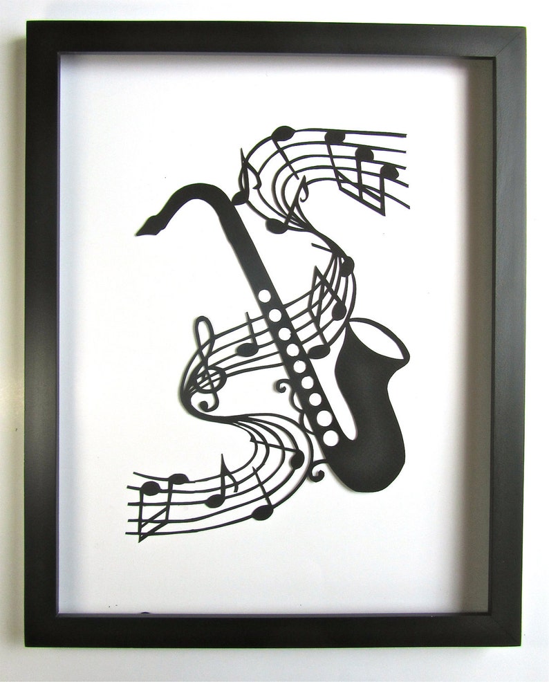 Saxophone and Music Notes GRADUATION Gift Black Silhouette Paper Cut 4 Music Lovers Wall and Home Décor Handmade Framed One Of A Kind image 1